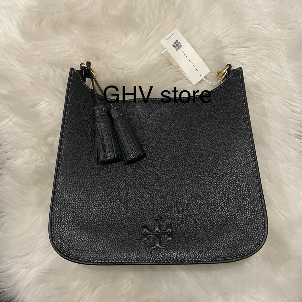 Tory Burch Black Pebbled Leather Hobo Crossbody with Tassel - Picture 5 of 8